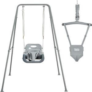 FUNLIO 2 in 1 Swing Set for Toddler & Baby Jumper, Heavy Duty Kids Swing & Bouncer with 4 Sandbags, Foldable Metal Stand for Indoor/Outdoor Play, Easy to Assemble and Store - Grey