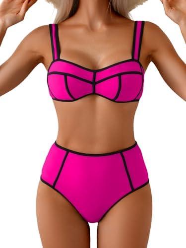 Eomenie Bikini Sets for Women Two Piece Swimsuits High Waisted Color Block Bathing Suits Tie Back Swimwear, Size 2XL