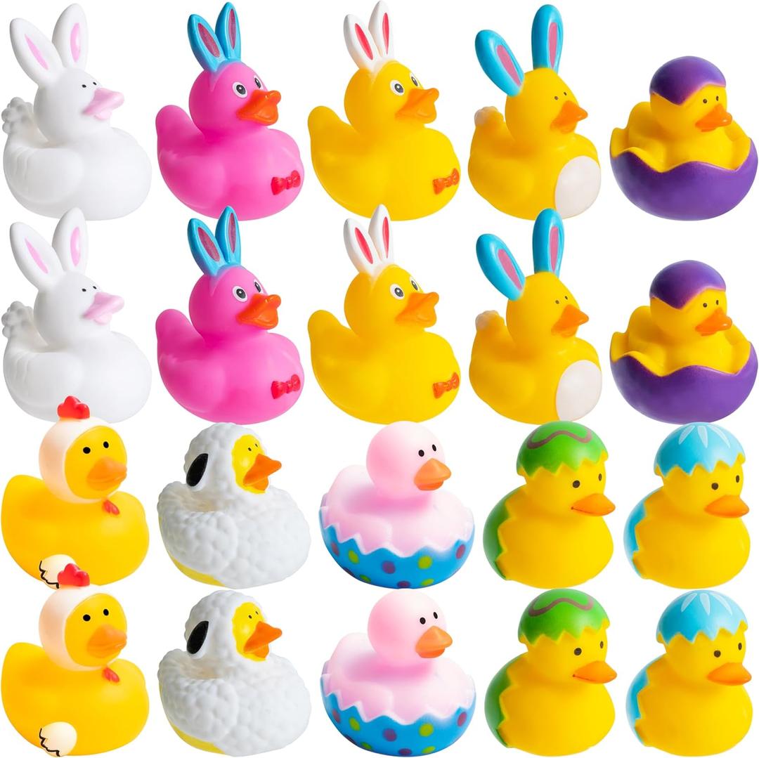 Haooryx Easter Rubber Duckies Toys - 20Pcs Novelty Funny Squeeze Ducks Egg Bunny Bathtub Duck Toy Baby Shower Float Ducky Multi-Item Party Favor Packs Carnival Pinata Filler Prizes Basket Stuffing Kid