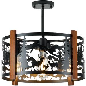 Farmhouse Rustic Slanted Ceiling Light Fixture,4-Light Round E26 Base Black Metal Fixture with Deer Design Ideal for Kitchen, Living Room,Foyer, Bedroom, Hallway, and Rustic Style