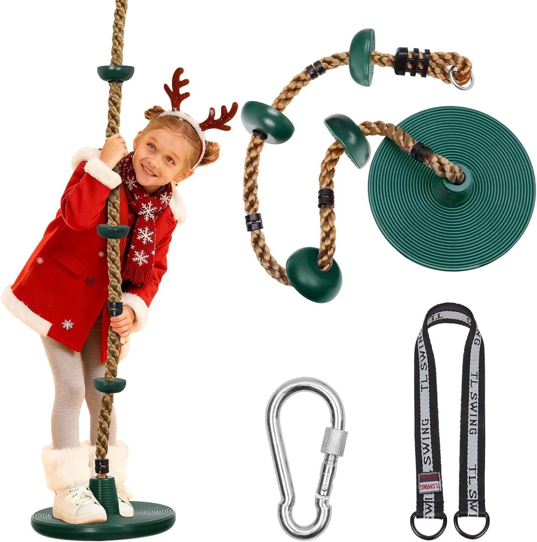 DECORLIFE Tree Swing for Kids, Adjustable Rope Swing Disc Swing for Outside with Platform Carabiners and Strap Outdoor, Playground Accessories, Green