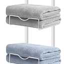 Over The Door Towel Racks, No Drill Towel Storage with Basket & Hooks, Space-Saving Multi-Functional Towel Holder for Bathrooms, bedrooms, Apartments, RVs (White, 5 Tier)