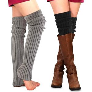 PHOGARY 2 Pairs Winter Leg Warmers Thigh High Socks Over Knee Footless Socks Knitted Long Boot Cuffs Topper Socks for Women (Black, Grey)