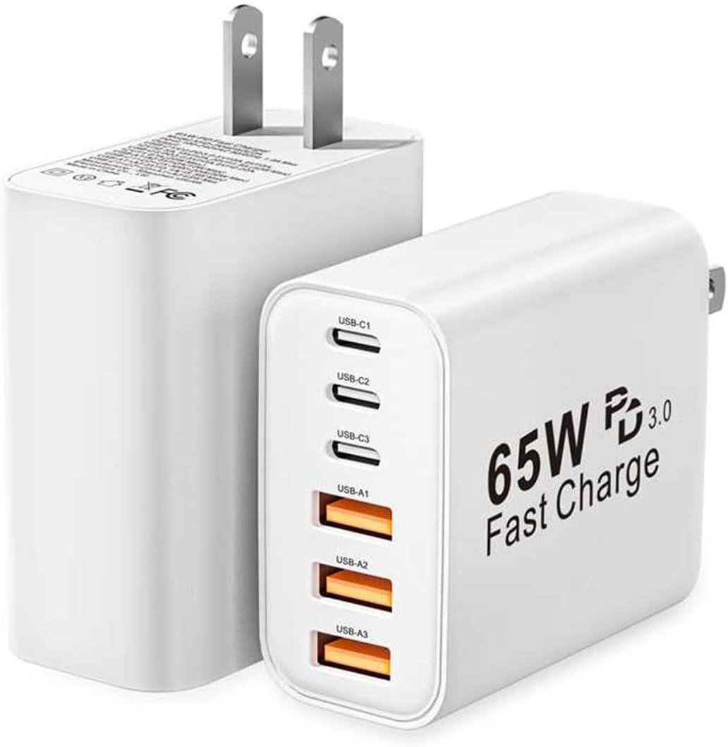 USB C Charger Block, 2-Pack 65W 6-Port USB C Wall Charger iPhone Charger Fast Charging PD Power Adapter+QC Wall Plug Multiport Type C Brick Chargers for iPhone 17 16 15 14 13 12 11 Pro Max XS,Samsung (White)