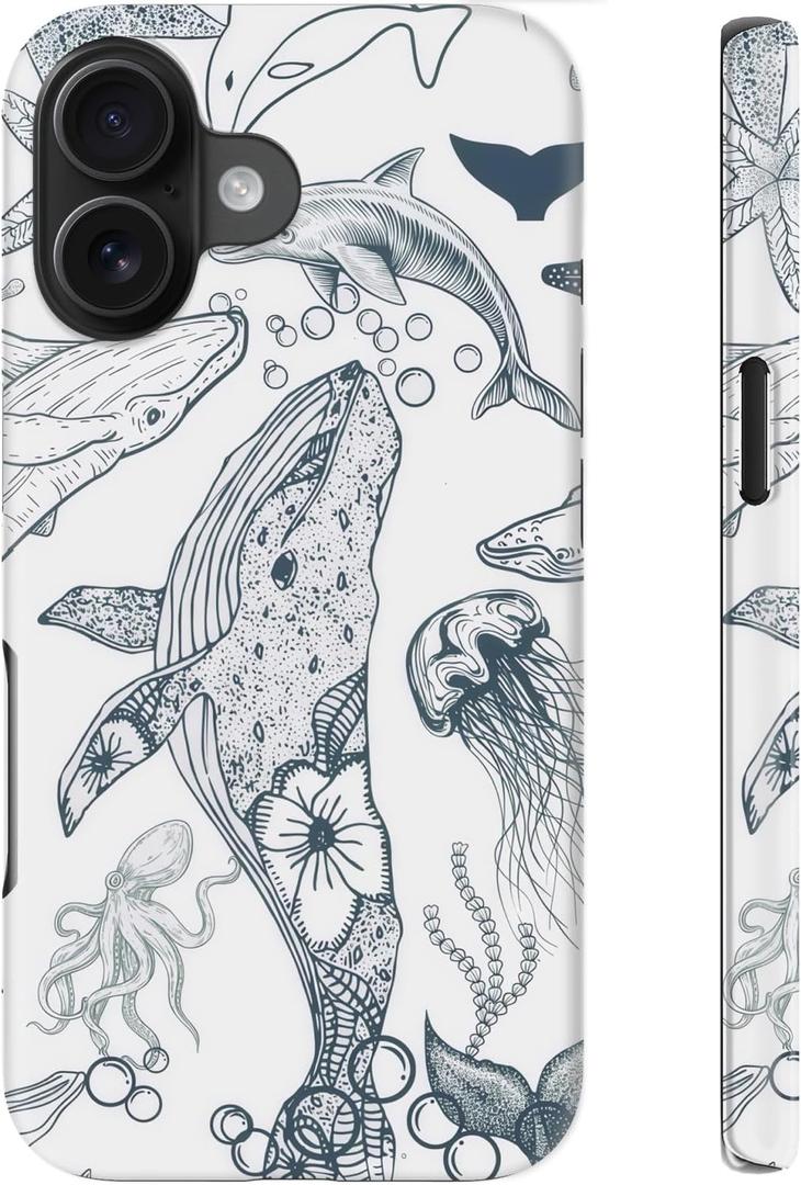 for iPhone 16 Plus Case Cute  Wireless Charging Compatible  Dual-Layer Shockproof Protection with Stylish Wildflower Design  Protective Cover for Women - Oceanic Whale Creatures