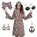 70s 80s Women Hippie Costume Set Disco Outfit Peace Sign Earring Necklace Headband Dress for Women Halloween Party XL