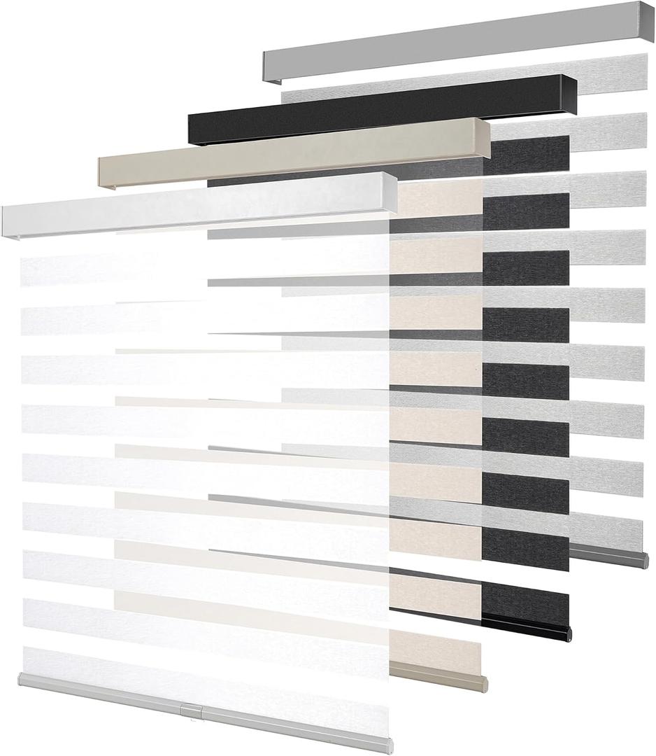 Cordless Zebra Blinds for Windows, Free-Stop Pull Down Roller Window Shades with Valance, Light Filtering Dual Layers Sheer Shades for Home and Office, White, 24" W x 72" H