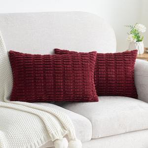 Pack of 2 Burgundy Corduroy Decorative Lumbar Throw Pillow Covers 20x12 Inch Soft Boho Striped Pillow Covers Modern Farmhouse Home Decor for Sofa Living Room Couch Bed