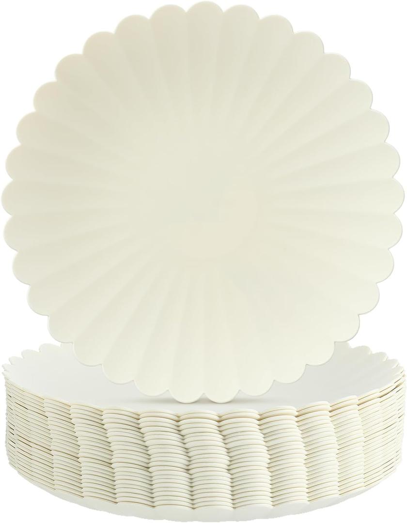 Jinei 24 Pack Daisy Dinner Plastic Plates 9 Inch Round Matte Cream Reusable Scalloped Daisy Plates Dessert Dishes for Birthday Wedding Baby Shower Party Decoration