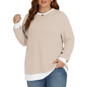 VISLILY Womens-Plus-Size-Tops Trendy Color Block Long Sleeve T Shirts Casual Loose Tunics Cute Knit Crewneck Blouses XL-5XL