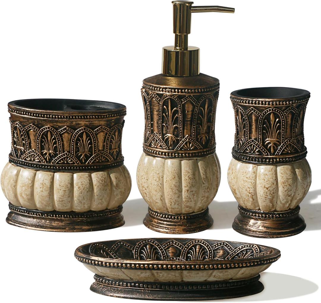 Pumkins Bathroom Accessories Set，Retro Style Including 1 Cups, 1 Toothbrush Holders, 1 Soap Dishes and 1 Soap Dispenser, Home and Countertop Decoration, Vanity Organize, New Home Gift