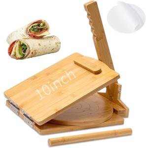 Wooden Tortilla Press,10 Inches Rotatable Prensa Para Tortillas with 50 Pcs Parchment Paper,Heavy Duty Prensa Para Tortillas with Rolling Pin,for Mexican Tortillas Roti Burrito, Taco Pataconera