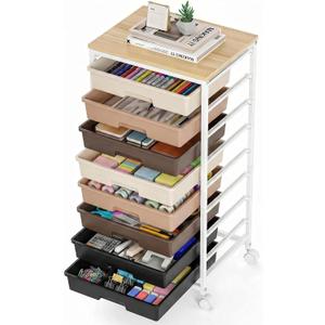 8 Drawer Rolling Storage Cart with Wooden Tabletop, Plastic Drawer Organizer Cart with Lockable Wheels, Mobile Utility Cart for Home, Office, Classroom, Craft Room, Dorm & Bathroom, 13"D x 16"W x 32"H