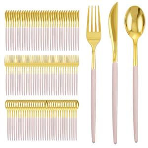 I00000 300 Pack Gold Silverware with Pink Handle, Pink Plastic Utensils Set, Disposable Cutlery include100 Forks, 100 Knives, 100 Spoons,Plastic Cutlery Set for Wedding & Party