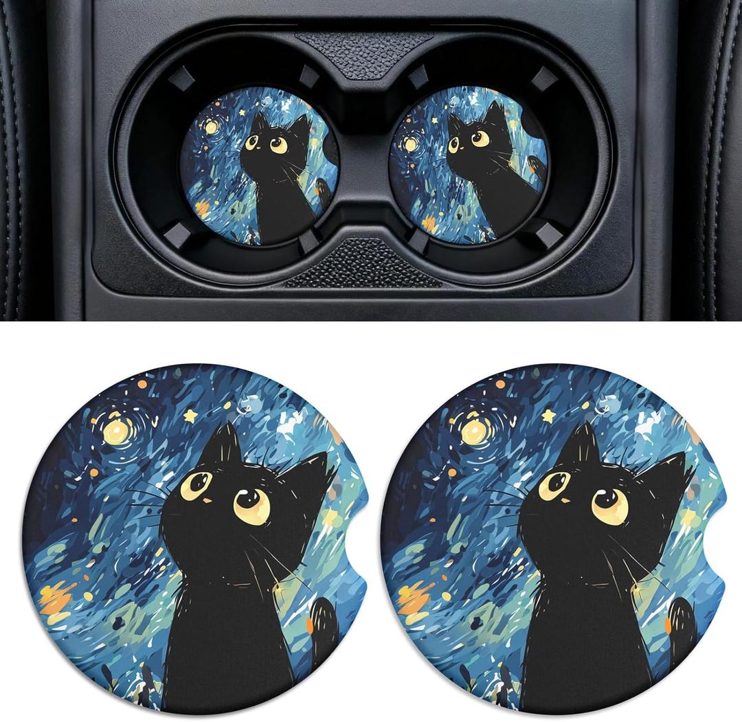 Car Cup Holder Ceramic Coasters 2 Pack, 2.56 in Anti Slip Absorbent Coaster with Cork Base and Finger Notch, Funny Cute Car Accessories Interior for Women, Black Cat