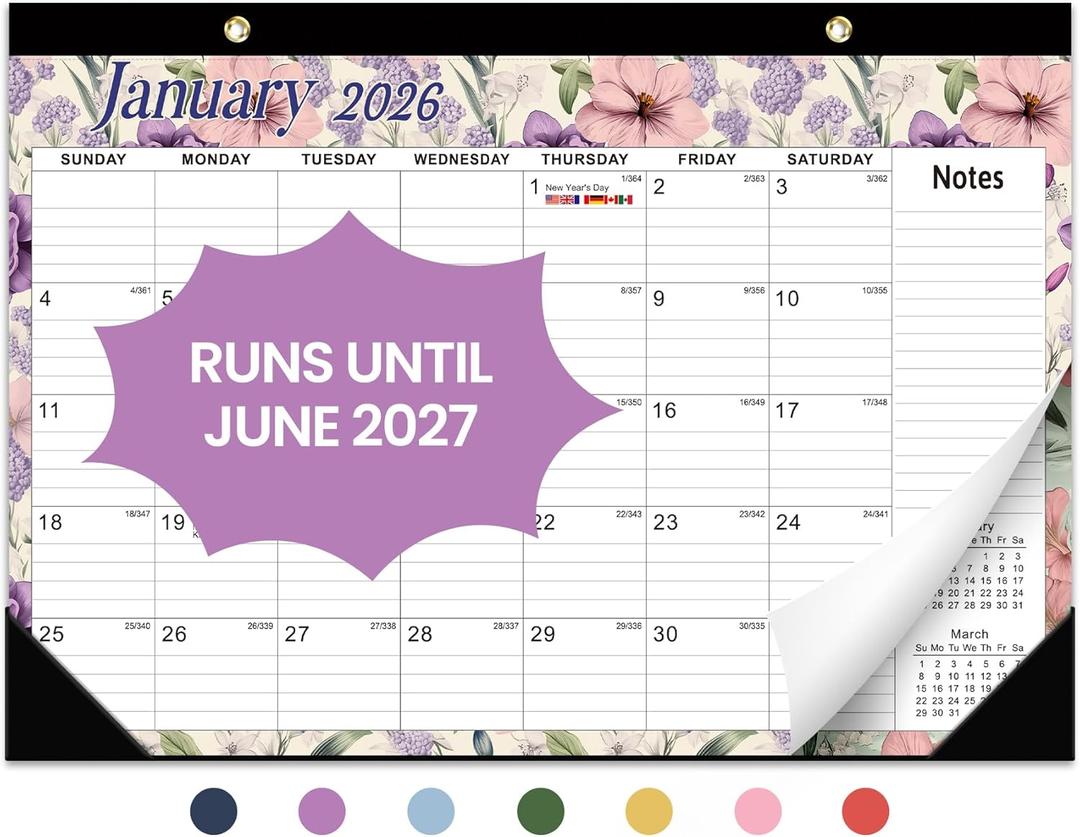 3 x Desk Calendar 2026, 18 Months Calendar Runs from January 2026 to June 2027 - Large 17" x 12" Desktop/Wall Monthly Calendar for Home School, or Office - Vintage Floral