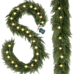 9.2 FT Pre-lit Christmas Cedar Garland Realistic Artificial Pine Needle Garlands Faux Cypress Greenery Garland with 50 Lights for Christmas Table Mantle Wall Room Outdoor Indoor Winter Decoration
