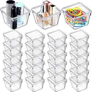 Tioncy 24 Pcs Stackable Clear Drawer Organizer Set 3" x 3" x 2" Small Makeup Vanity Storage Bins Office Desk Drawer Dividers Container Organization for Makeup Vanity Office Bathroom Kitchen Utensil