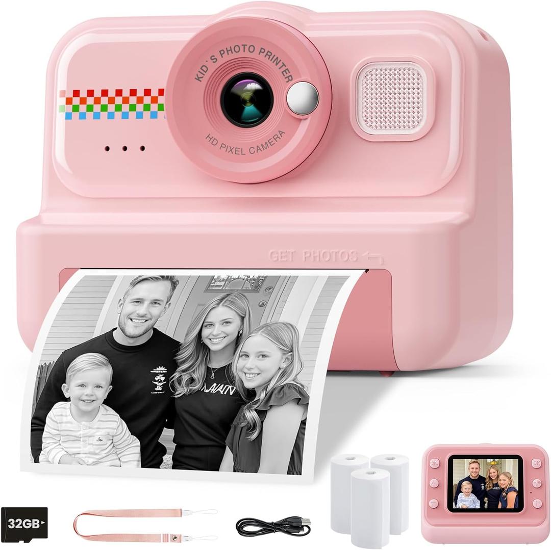 Kids Instant Print Camera, 1080P HD with 3 Rolls Print Paper & 32GB Card, Selfie Digital Camera for Kids, Ideal Gift for Boys & Girls Age 3-14 (Pink)