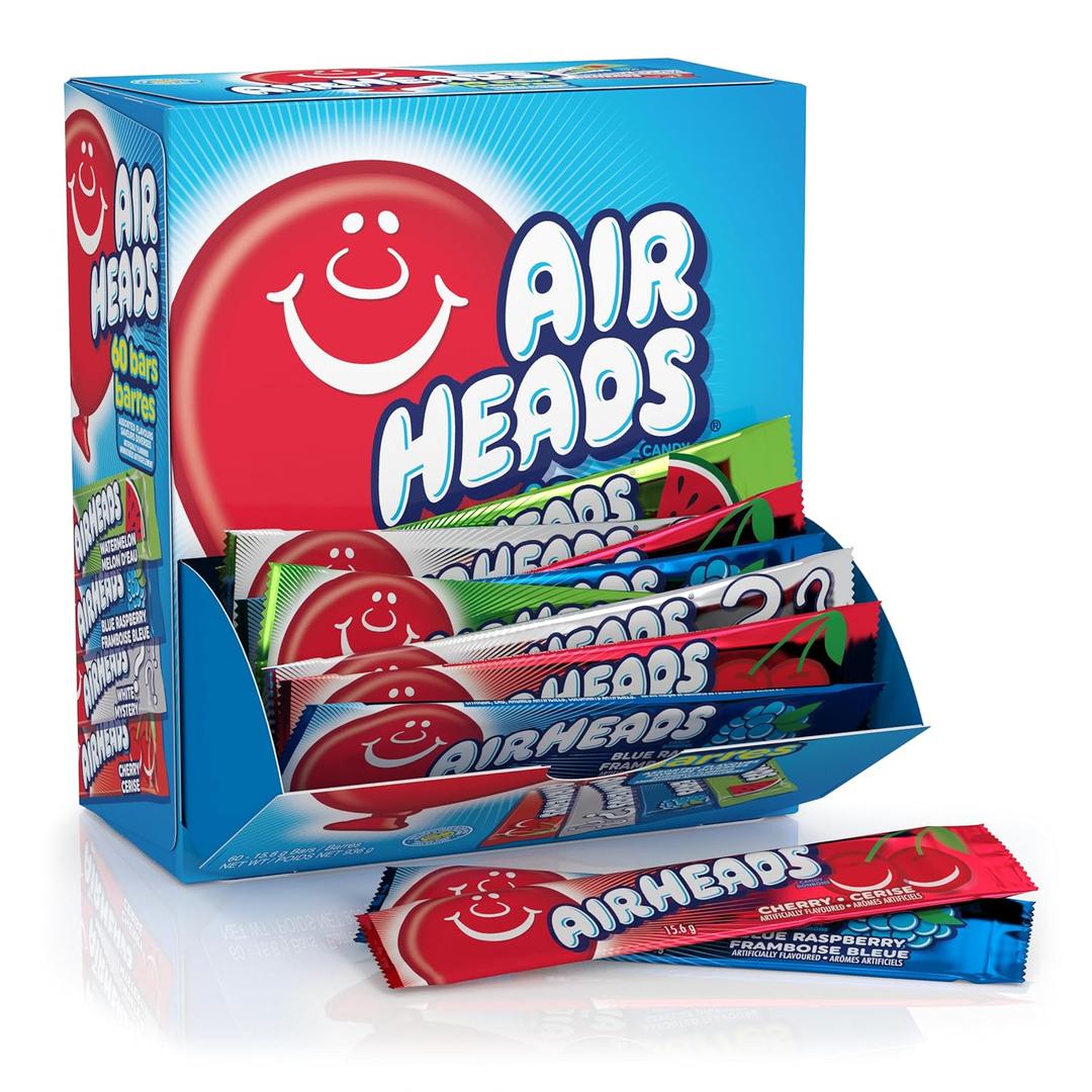 Airheads Full-Size Candy Bars, Taffy Candy Bulk Variety Pack, Individually Wrapped, Six Assorted Fruit Flavors Artificially Flavored, 60 Count Box