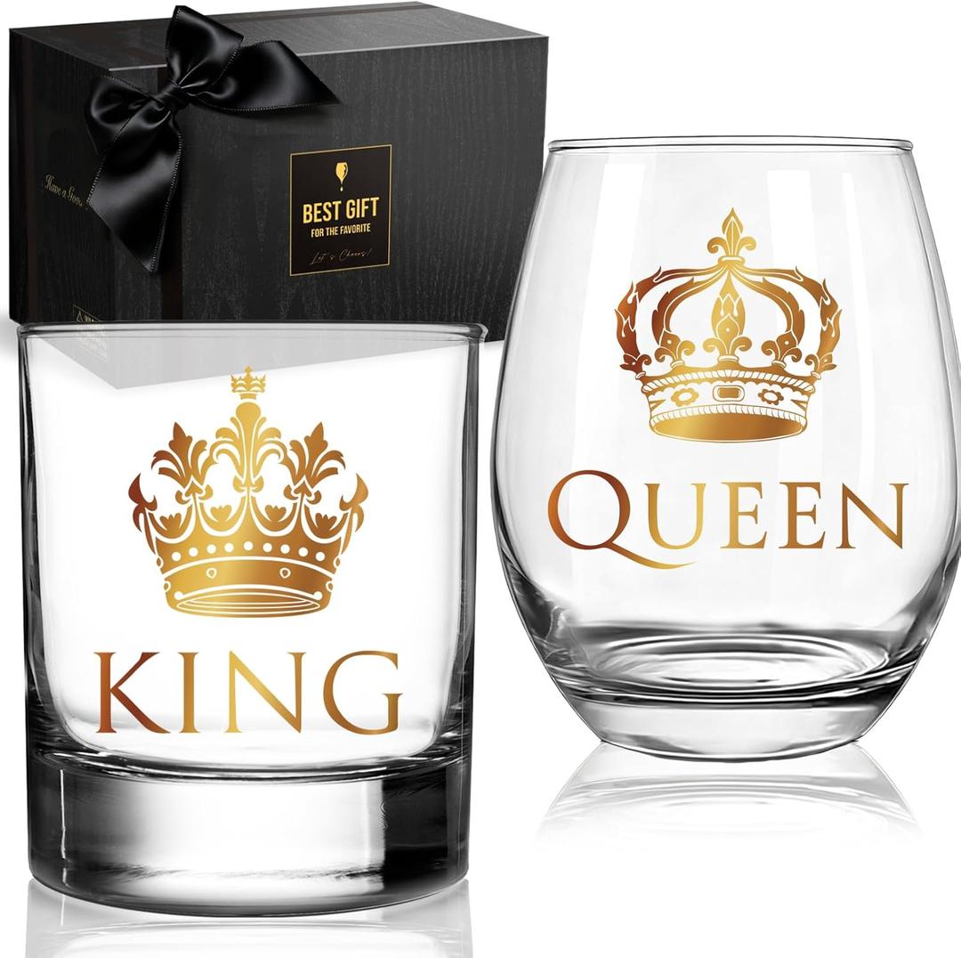 King and Queen Wine Glass Whiskey Glass Gift Set for Couples, Engagement Wedding Newlywed His and Hers wine whiskey glass Gifts set, Fun Novelty king and queen wine glass gift sets for Husband Wife60