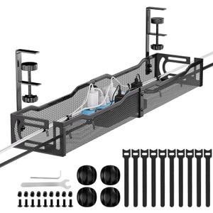 Cable Management, 25'' Cable Management Under Desk No Drill, Metal Cord Organizer with Clamp for Standing Desk, Cable Organizer for Home Office, Black