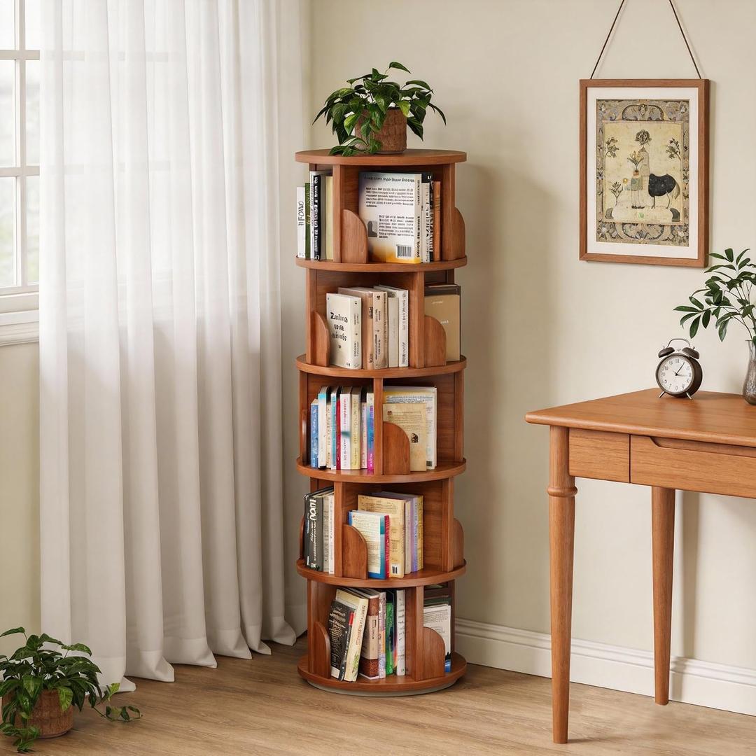 5-Tier Rotating Bookshelf,Rolling Bookcase with 360 Spin for Small Spaces, Corner Revolving Organizer for Home Office, Bedroom, Kids Room Walnut Finish