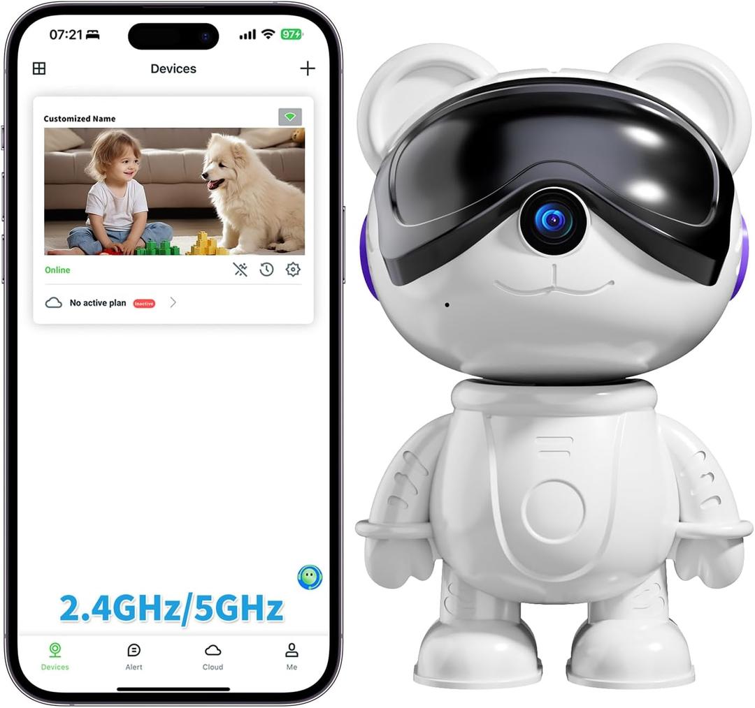 Cute Bear 2K Wireless-Smart Robot Home Security Camera - Nanny & Pet Motion Monitor, Baby Cry Detection Alarm, Privacy Mode, 5G Dual-Band, PanTilt, Full HD Night Vision, 24/7 Recording, 2-Way Audio