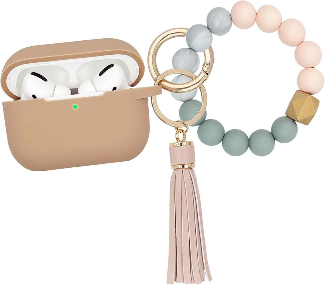 Compatible with Airpods Pro Soft Silicone Case Cover with Bracelet Keychain for Apple Airpod Pro 1st Generation Case for Women (Milk Tea)