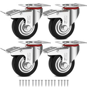GBL Heavy Duty Castor Wheels with 4 Brakes + Screws - 75mm up to 200KG - Pack of 4 No Floor Marks Silent Caster for Furniture - Rubbered Trolley Wheels - Silver Castors
