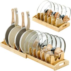 Pots and Pans Organizer Under Cabinet Bamboo Expandable Pot Lid Holder Adjustable Cookware Organizer for Bakeware Cutting Board Baking Sheet Pan Kitchen Storage (16.54-31.5 Inch,Wood Color)