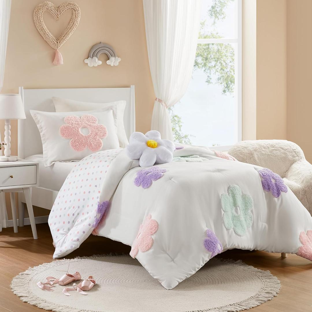 Intelligent Design Kids Twin Comforter Set for Girls, Tufted Chenille Floral Comforter Set Twin, Lightweight Polka Dot Comforter Reversible Bed Set, Sham, Pillow, Gracie, Twin White/Purple 3 Piece