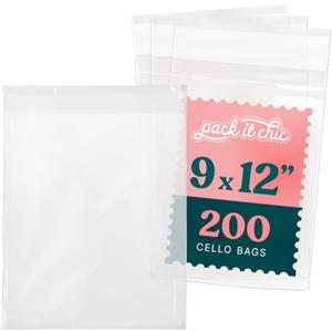 Pack It Chic - 9 X 12 Self Sealing Cellophane Bags (200 Pack) - Resealable Adhesive Clear Bags for Gifts, 9X12 Photos, Prints, Envelopes, Letter Sized Documents