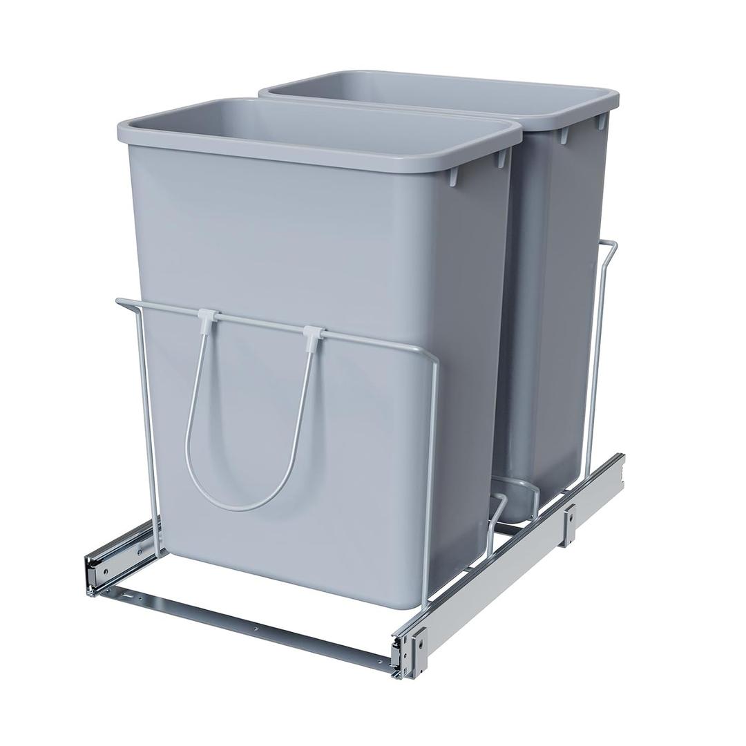 Double Pull-Out Trash Can, 35QT Under-Cabinet Kitchen Bin, Metal Frame, Grey, Fits Above 18 Opening Cabinets