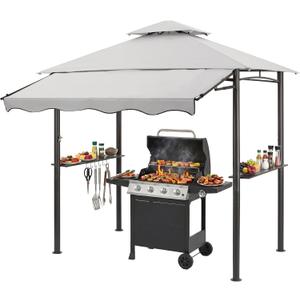 CHARMELEON 8x8 FT Grill Gazebo, Grill Canopy with Big Awning&2 Side Shelves&6 Hooks&Bottle Opener, Powder-Coated Steel BBQ Shelter for Patio Backyard Outdoor Grilling-Light Gray