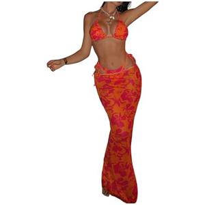 Milumia Women's 3 Piece Floral Swimsuits Halter Triangle Tie Side Thong Bikini Set with Cover Up Skirt Medium