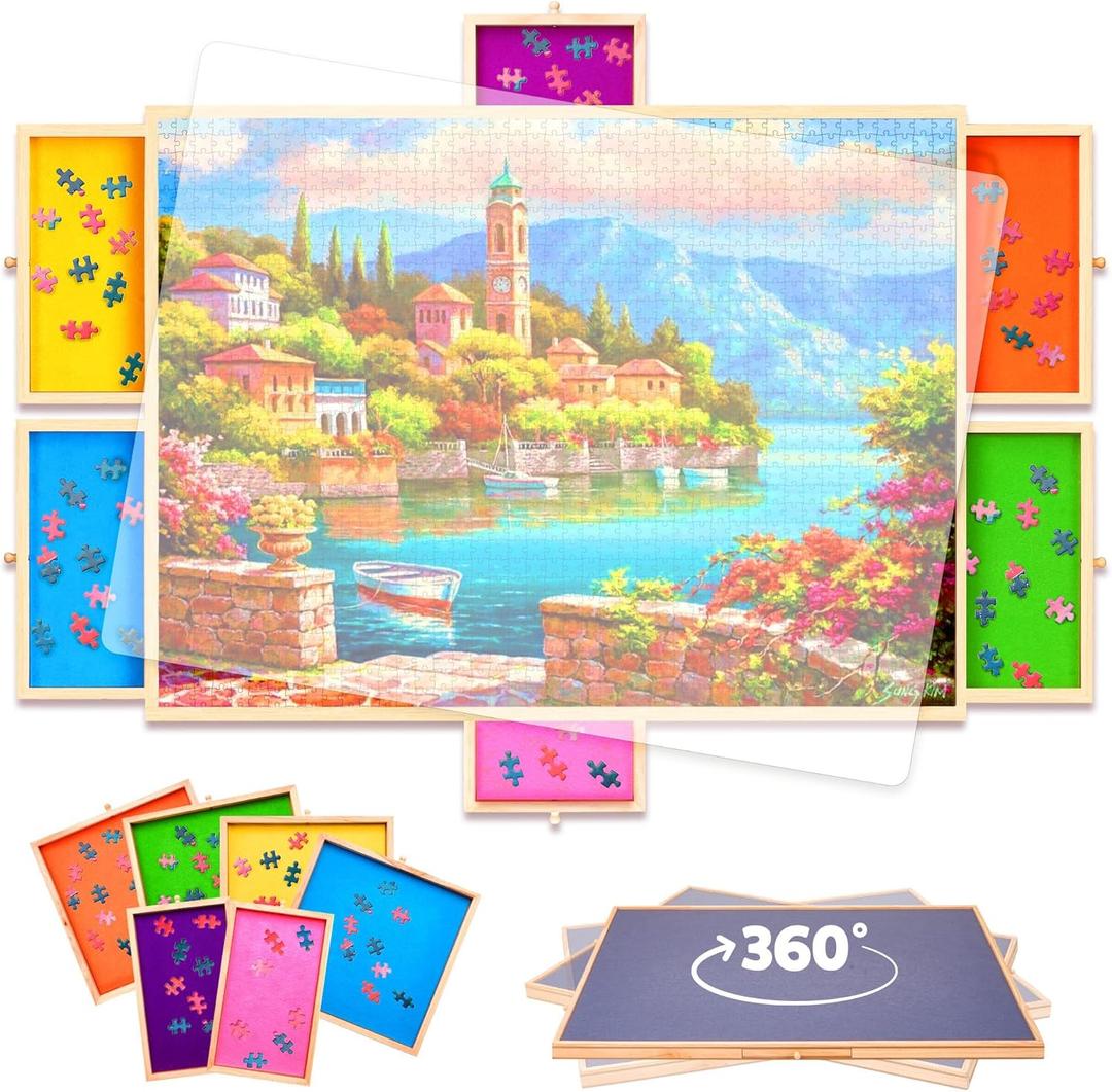 1500 Pieces Rotating Puzzle Board with Drawers and Cover, Wooden Jigsaw Puzzle Table for Adults and Kids, Colorful Puzzle Trays for Sorting and Storage, Lazy Susan Spinning Puzzle Boards Gift for Mom