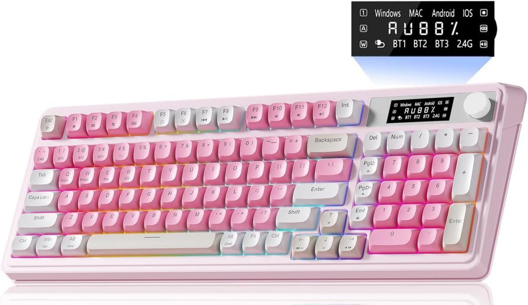 AULA S99pro Wireless Gaming Keyboard, Tri-Mode Computer Keyboard with Number Pad, RGB Backlit Media Knob Programmable Creamy Keyboard - Pink