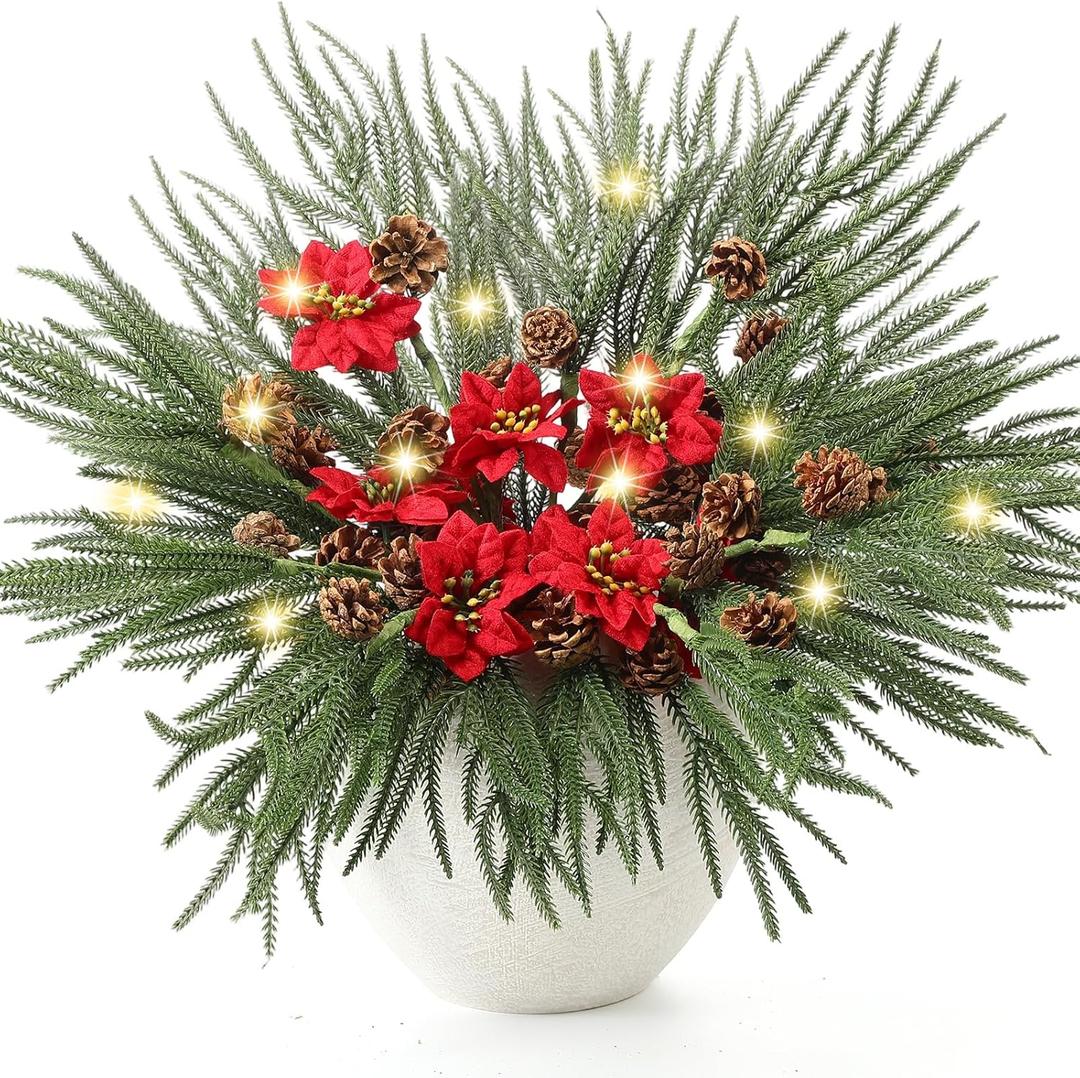 Suncalla 12 Pack Lighted Artificial Christmas Pick Pine Branches with Red Berry Stems 17 Inch Real Touch Faux Norfolk Cedar Branch with Flower for Vase Garland Xmas Home Decoration Craft(Norfolk)