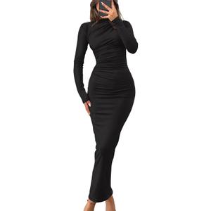 ZESICA Women's Spring Long Sleeve Bodycon Maxi Dresses Sexy Ruched Crew Neck Slim Fit Cocktail Party Dress (Medium, Black)
