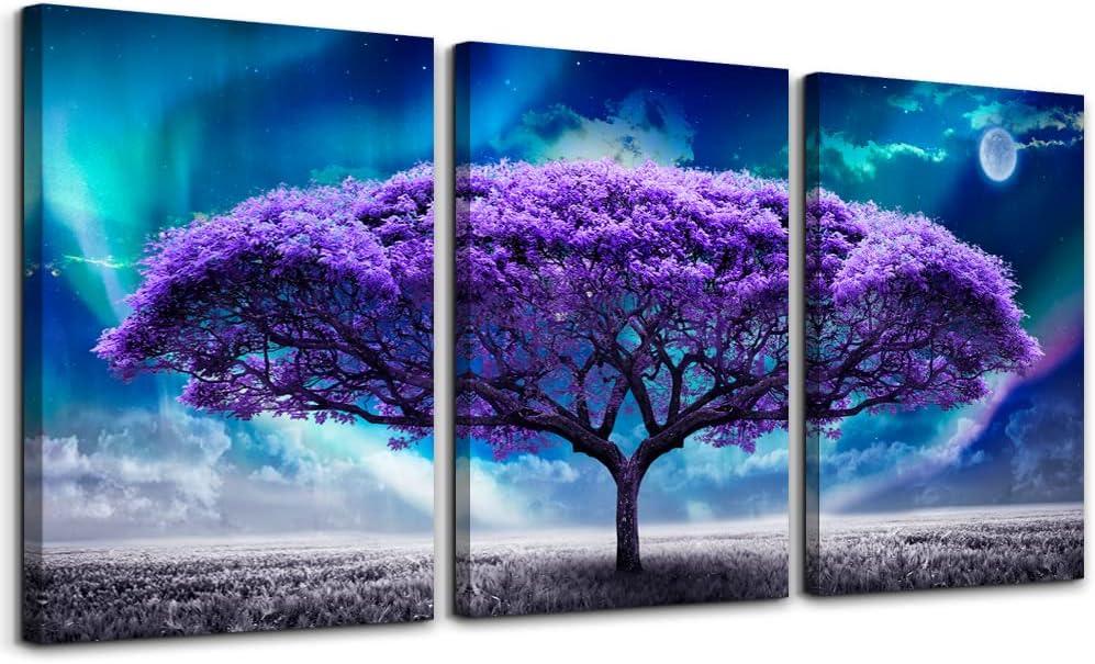 Lapremoly Canvas Wall Art For Living Room Boho Decor Bedroom Farmhouse Pictures Aurora Purple Tree Scenery Paintings Office Prints Modern Dormitory Home Decorations 16'' X 24'' 3 Piece
