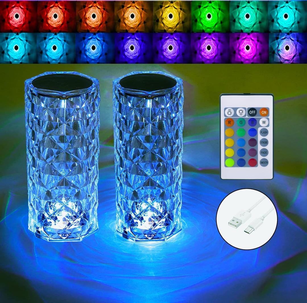 Crystal Table Lamp,RGB Rose Diamond Touch Lamps (2PACK) Color Changing Night Light for Bedroom/Living Room/Party Dinner Decor Creative Lights Housewarming (Remote & Touch