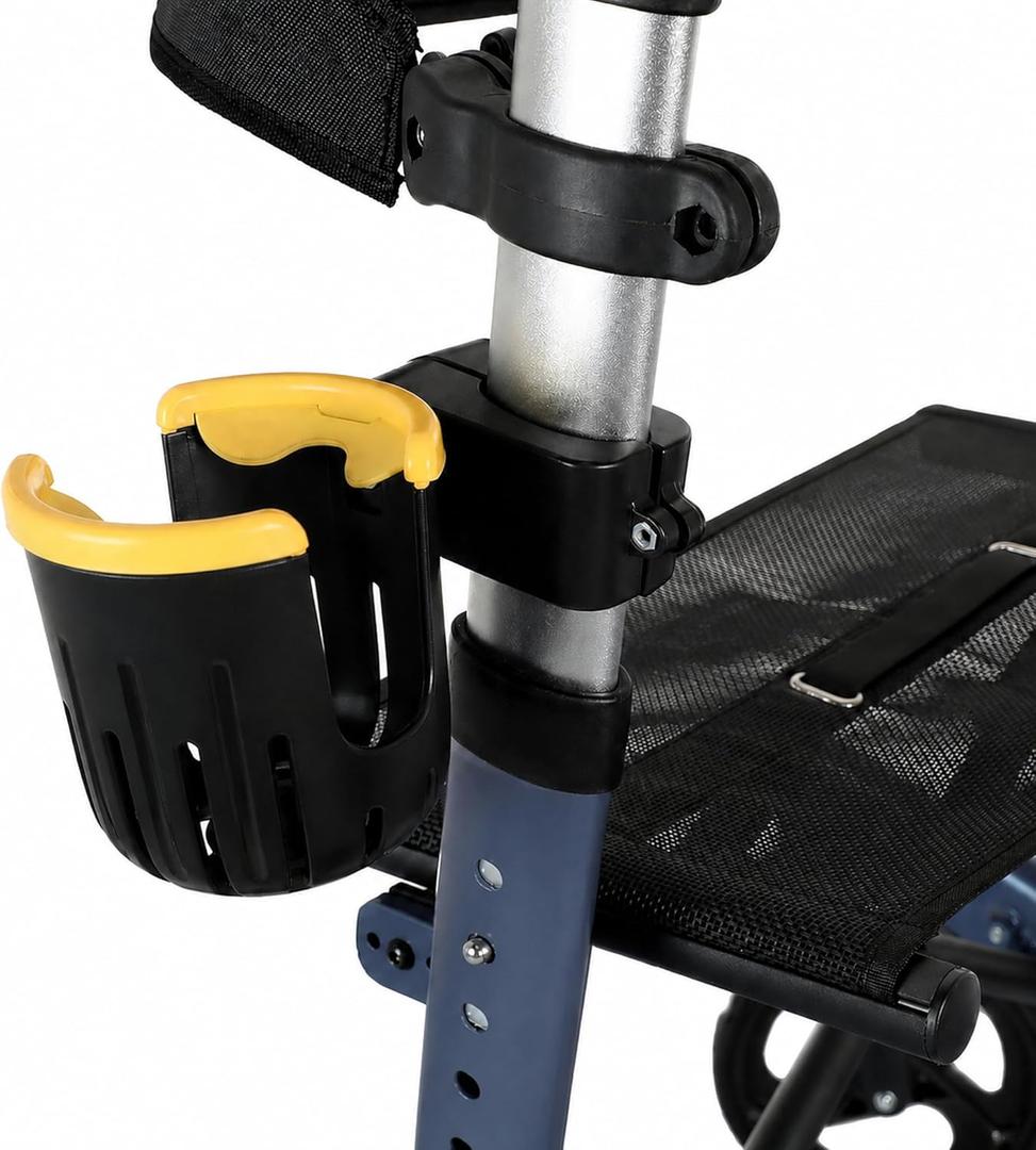 Flat Frame Walker Euro Rollator Cup Holder - Adjustable Clip-On Drink Holder for Wide Flat Frame Bars & Euro-Style Walkers, Holds Water Bottles, Coffee Cups and Travel Mugs (Yellow)