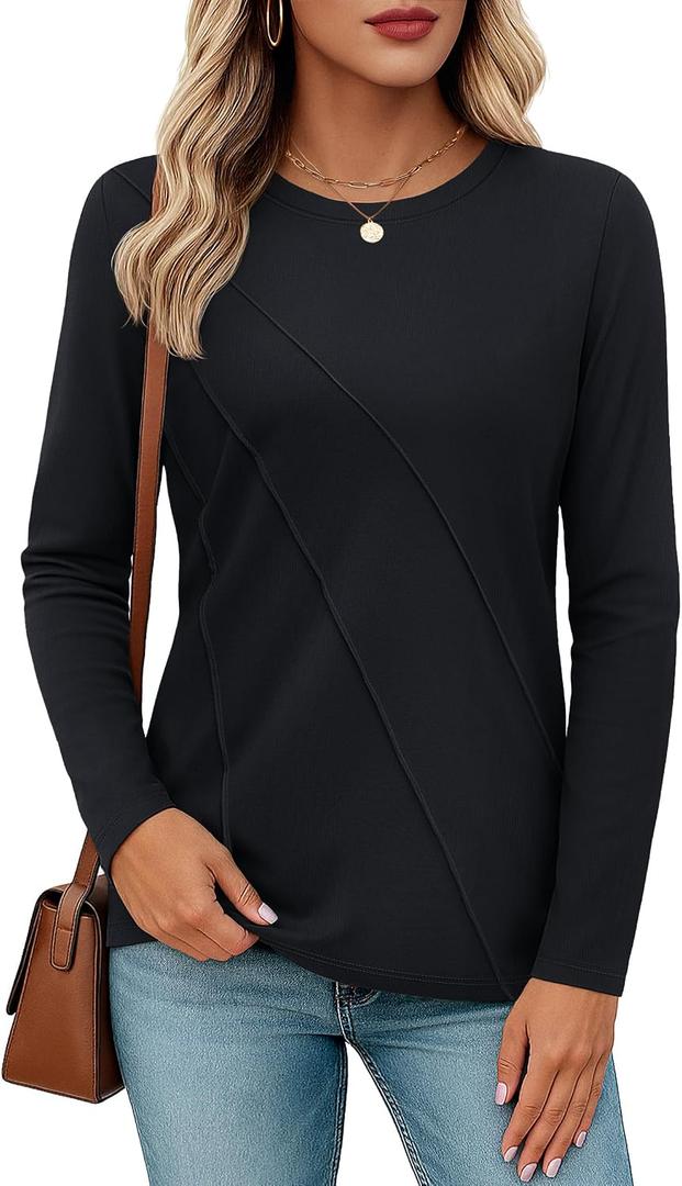 YUCOLEN Long Sleeve Shirts for Women Pleated Crew Neck Cotton T Shirts Solid Color Soft Casual Basic Tees Fall Trendy Tops (Black, L)