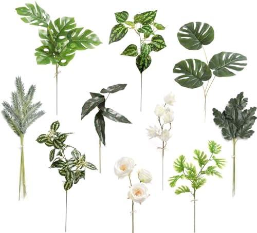 GAATEEK Artificial Greenery Stems Box Set，34 Pcs with 10 Kinds of Faux Greenery Branches Fake Leaves for Wedding DIY Bouquets Floral Arrangement Table Centerpieces(Tropical White Green), 3 Pack