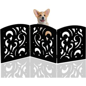 Safety Pet Gate for Dogs  Free-Standing & Foldable - Decorative Scroll Wooden Fence Barrier  Stairs & Doorways (Black)
