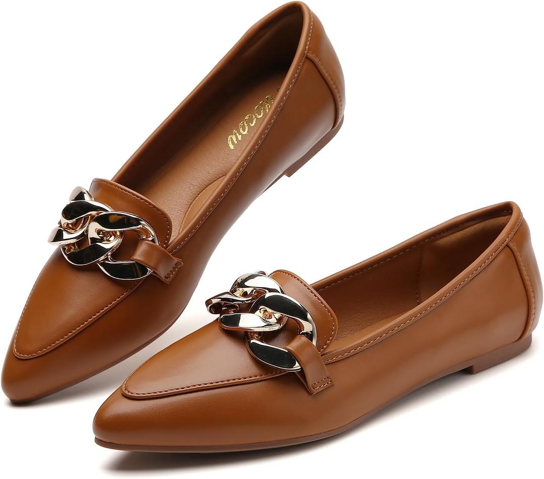 Tilocow Metal Chain Loafers for Womens Slip On Pointed Toe Flats Comfortable Fashion Work Business Shoes (6, Dark Brown)