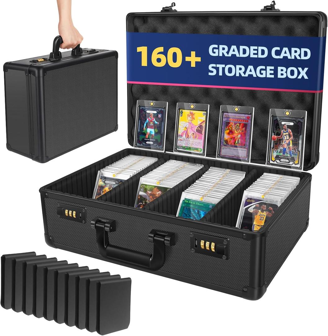 Graded Card Trading Card Storage Box with LOCK, 160+ 4 Row PSA Sports Card Slab Case with Adjustable Foam Dividers (17x11.8x6.5 inch)
