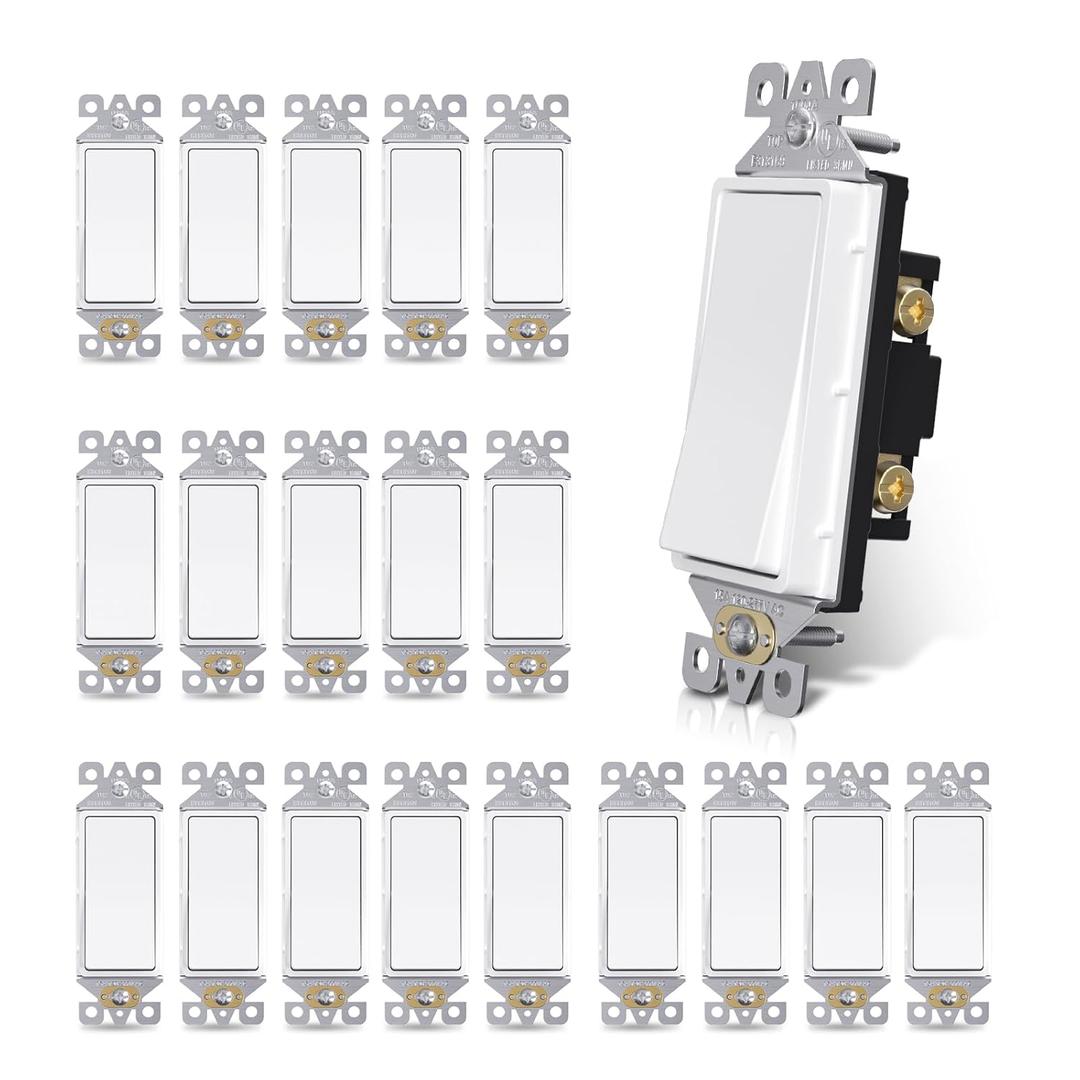 AIDA Matte White Single Pole Decorator Light Switch, 15Amp, 120/277V, Decorative Paddle Rocker Switch Replacement, Electrical Wall Switch,Residential/Commercial Grade, UL/CUL (20 Pack)