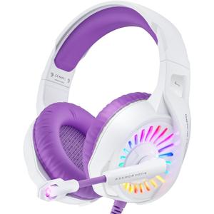 ZIUMIER Purple Gaming Headset with Microphone, Compatible with PS4 PS5 Xbox One PC Laptop, Over-Ear Headphones with LED RGB Light, Noise Canceling Mic, Stereo Surround Sound (Purple)